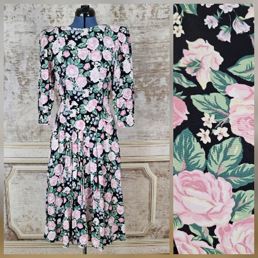 Vintage Drop Waist Floral Dress Small Cottagecore Pink Rose Vtg 1980s 80s